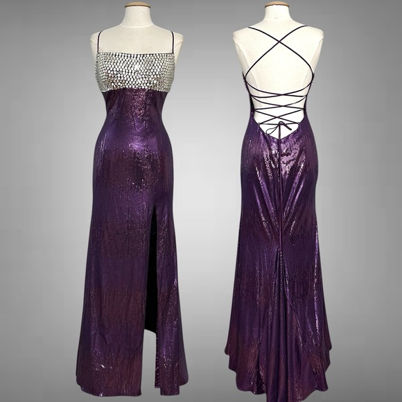 VTG Jovani Women Dress 10 Purple Sequins Rhinestones Babydoll Glam Evening Prom - Picture 1 of 16